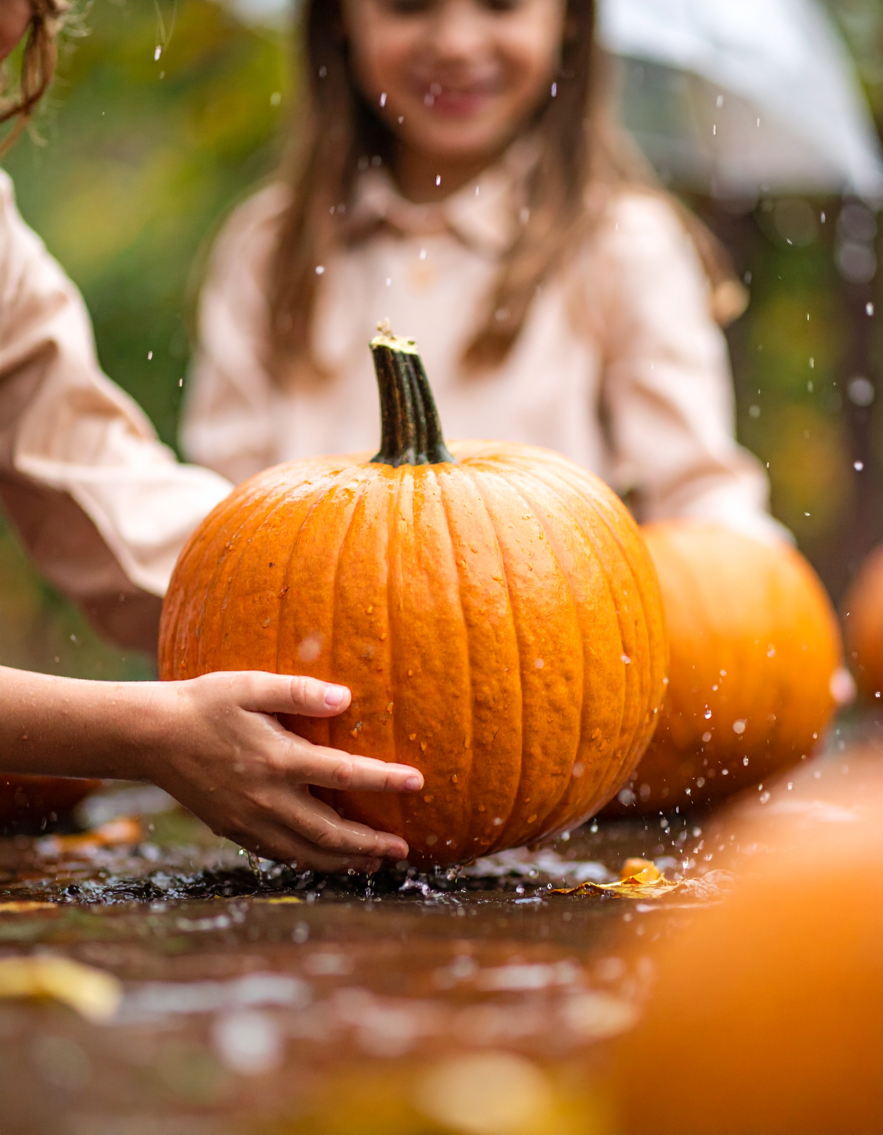 Firefly_herbst, kinder, spielen, regen, boho, kein gesicht, kürbis 123905 Ein Kind hält einen Kürbis im Regen fest