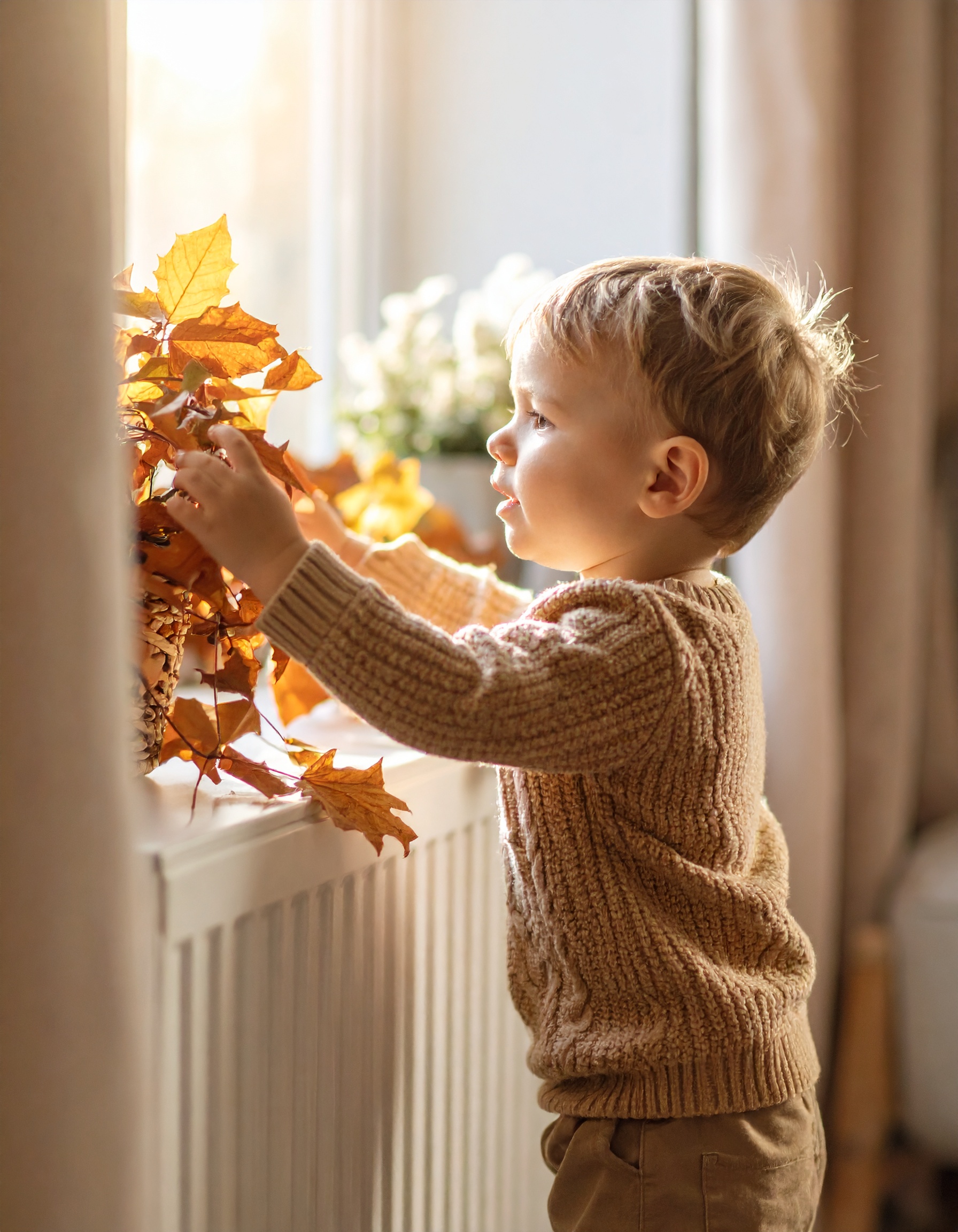 Firefly_kind spielt im haus, herbst, 491826 Junge an einem Fenster mit Herbstblättern