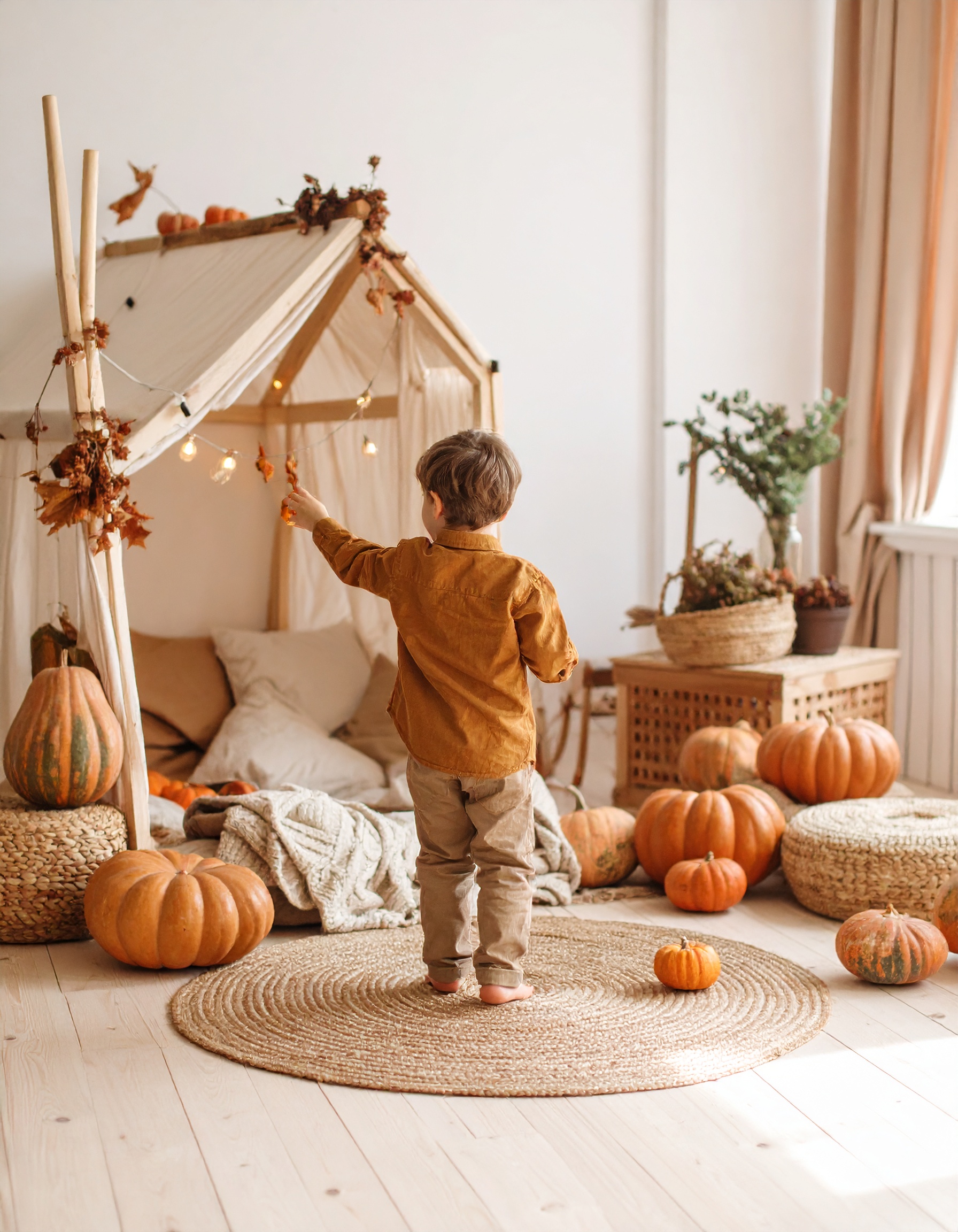 Firefly_kind spielt im haus, herbst, kürbis, blätter, boho 802532 Kind im Haus mit Kürbissen im Herbst