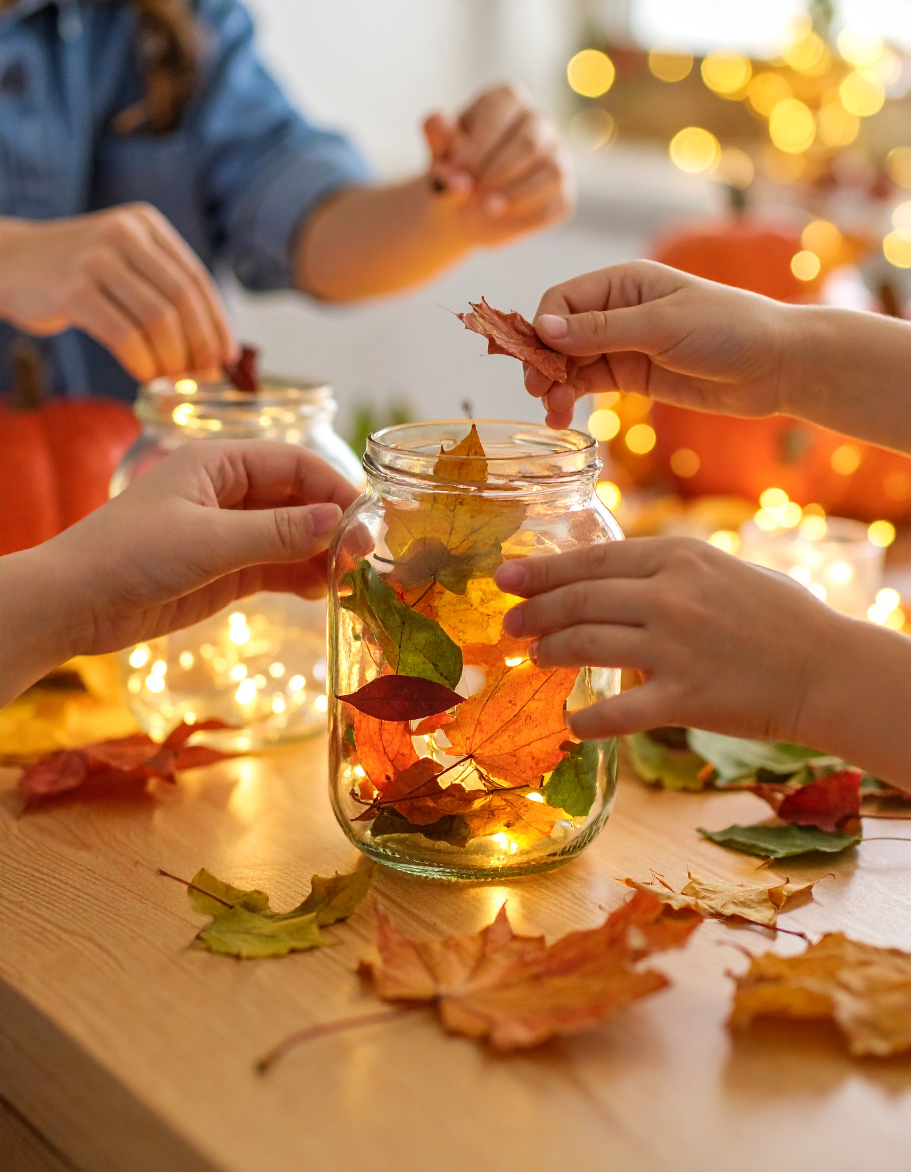 Firefly_kinder basteln am küchentisch ein herbstlicht aus einem alten glas. sie bekleben ein 925940 Herbst DIY für Kinder, Windlicht basteln